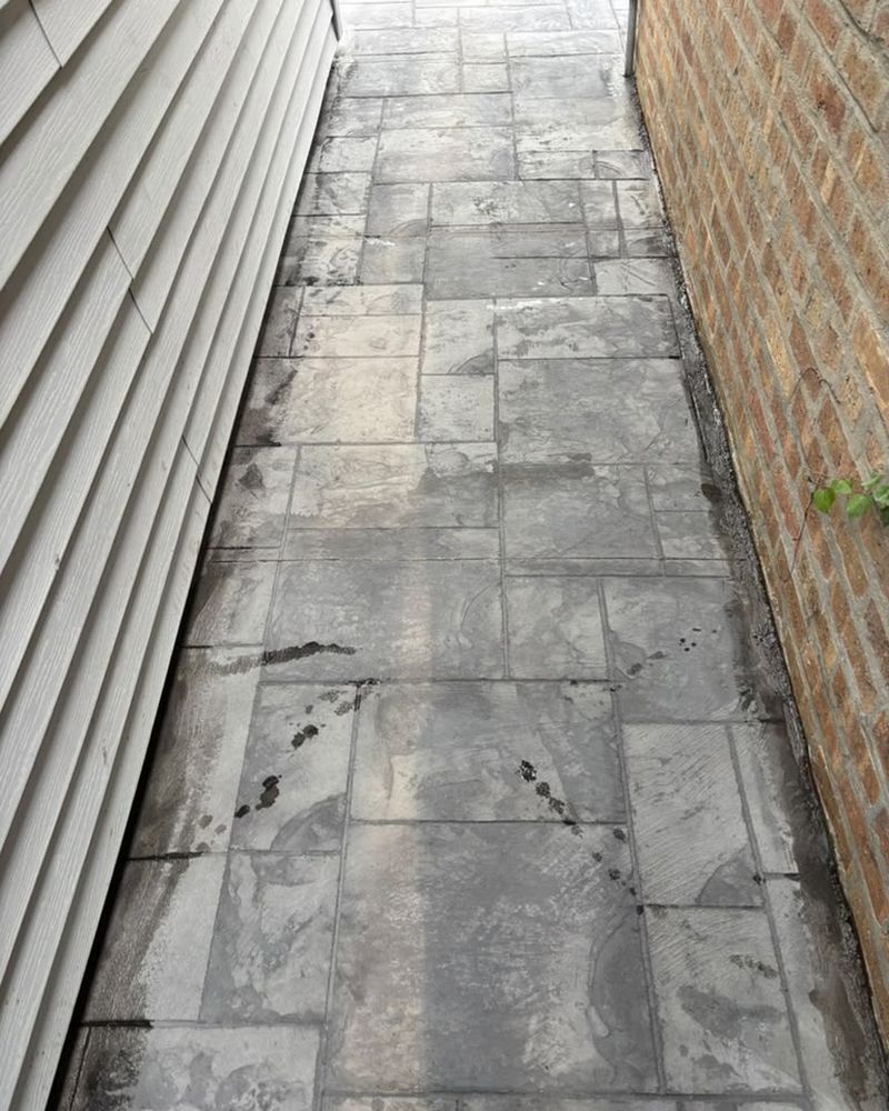 Stamped concrete side walkway between two houses — Chicago, IL