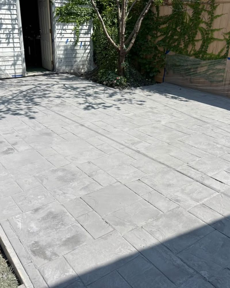Stamped concrete patio looking back at the house — Chicago, IL